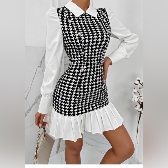 π₯π₯HOST PICπ₯π₯ Slayr Houndstooth Panel Puff Sleeve Pleated Hem Dress - Picture 4 of 13